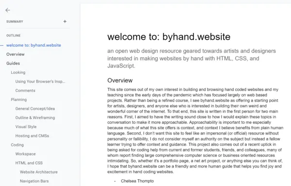 An image showing an outline for this website written in Google Docs.